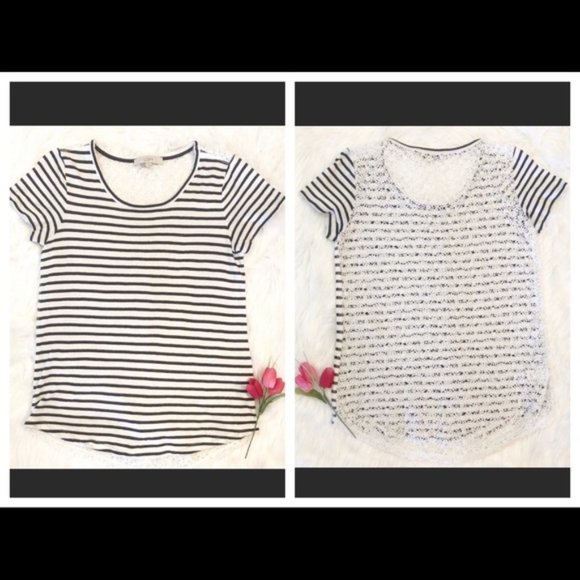 LOFT Crochet Lace Back | Short Sleeve Women's Top Striped Blouse - Picture 1 of 9